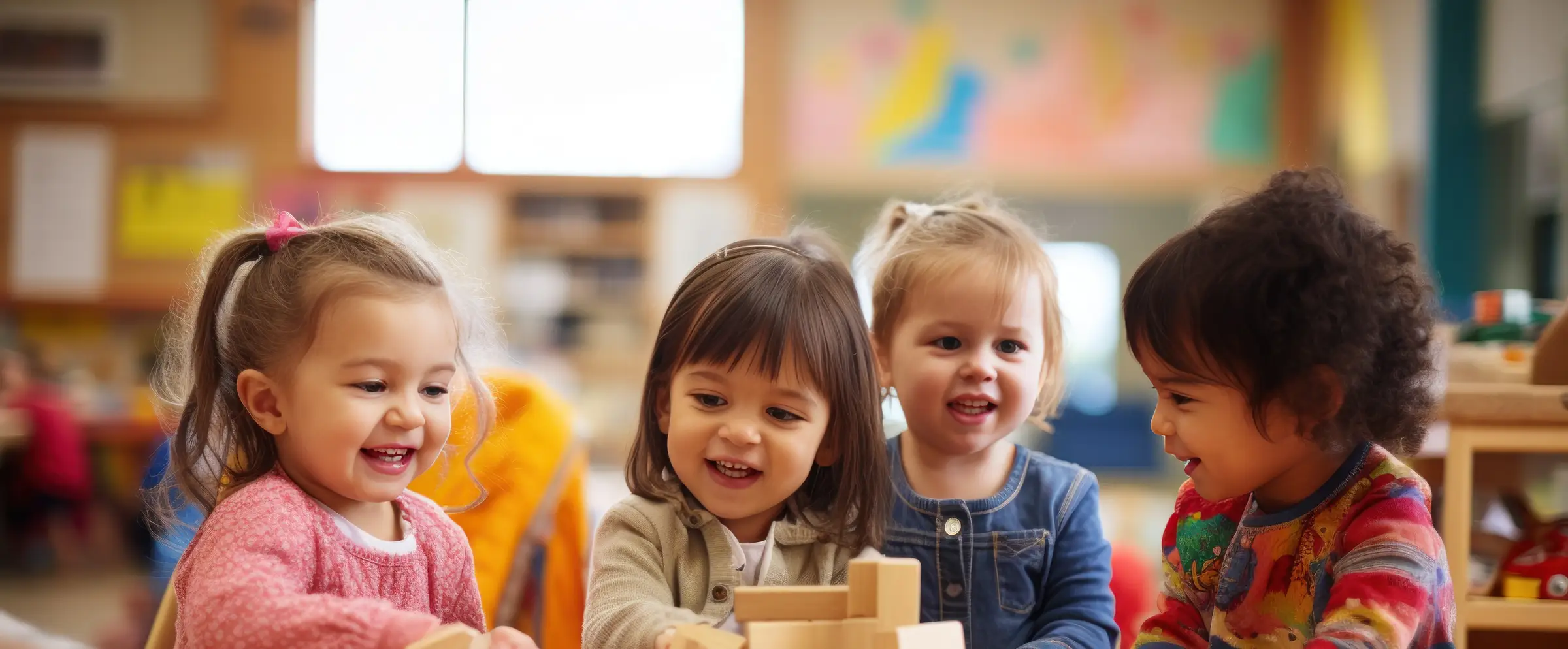 Four smiling children building with wooden blocks at a classroom table