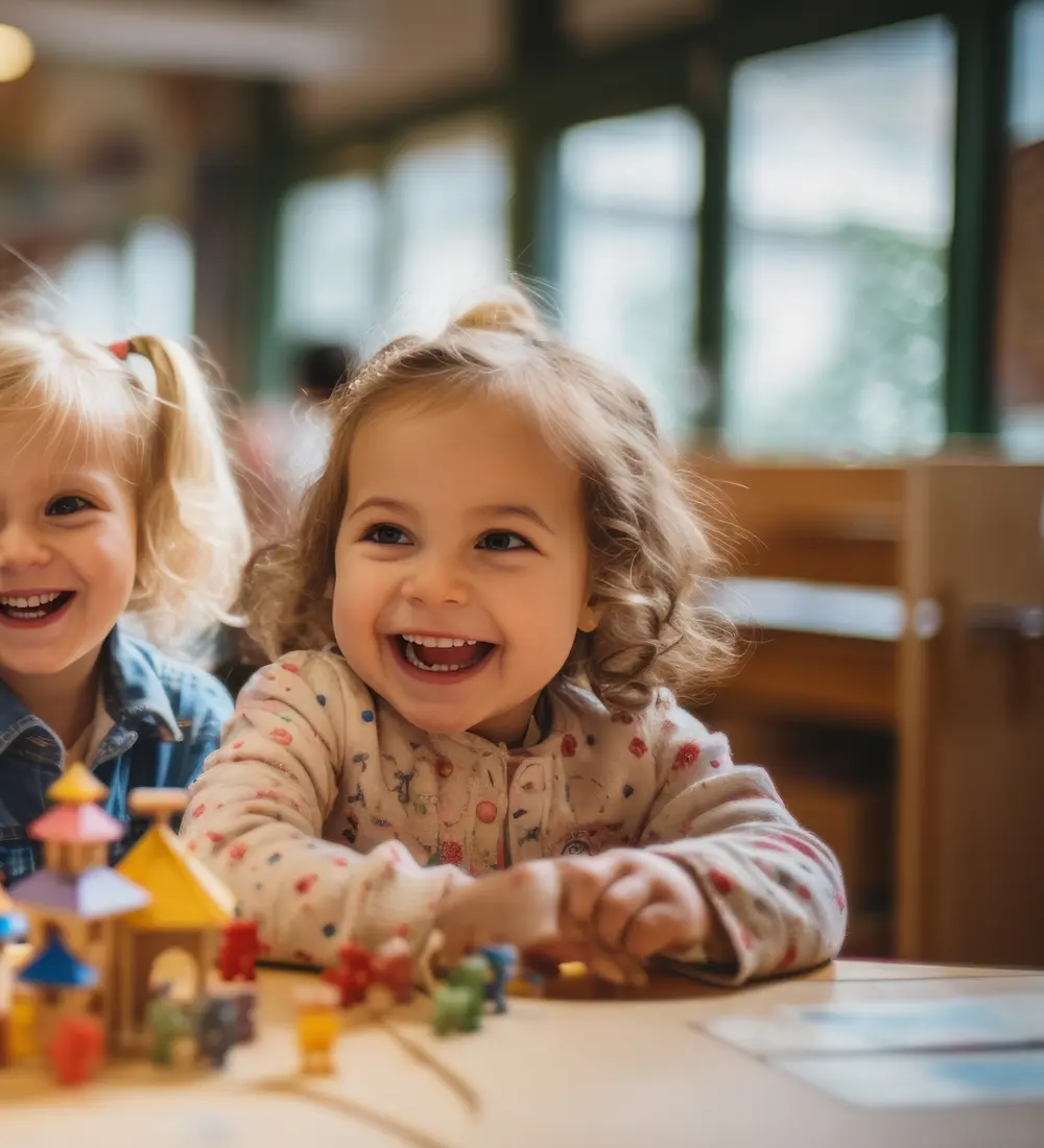 Three smiling girls at a classroom table