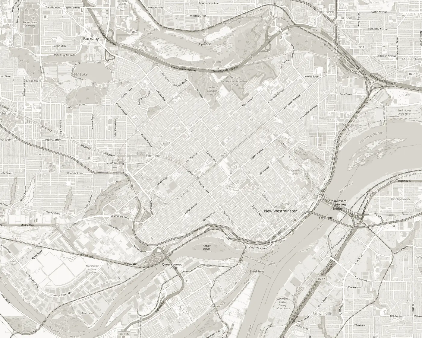 Map of New Westminster and Burnaby with the four Fraser Montessori schools