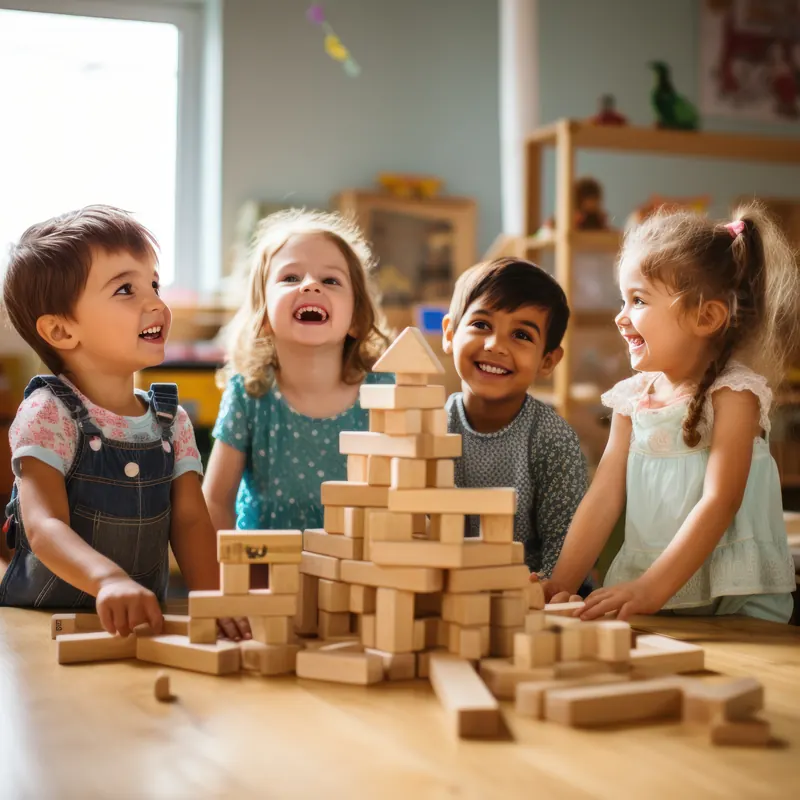 Four children laughing around a tower of wooden blocks