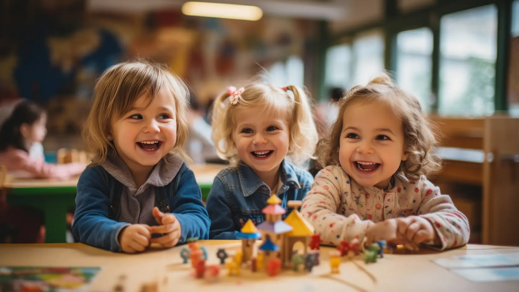Smiling girls at a classroom table with small wooden toys