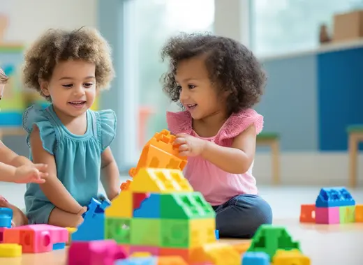 Two girls building with colourful blocks