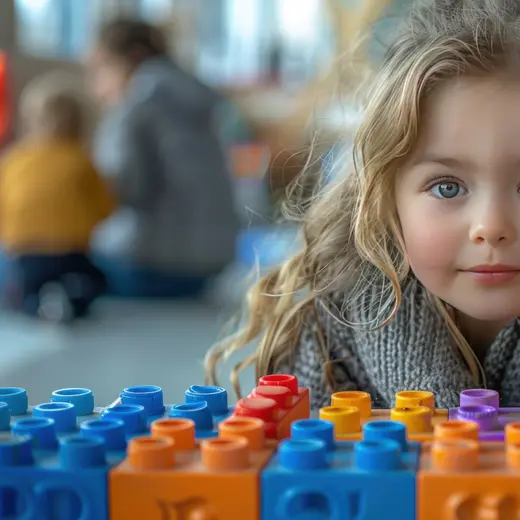 A girl beside rows of colourful blocks