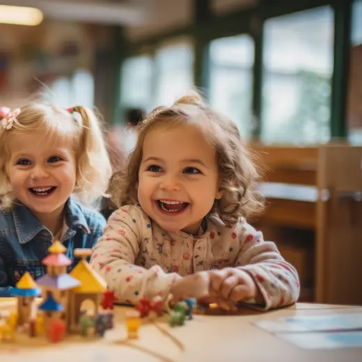 Two girls smiling over a table of small toys