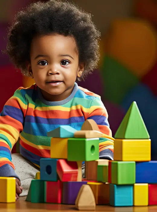 A toddler in a rainbow sweater with wooden blocks