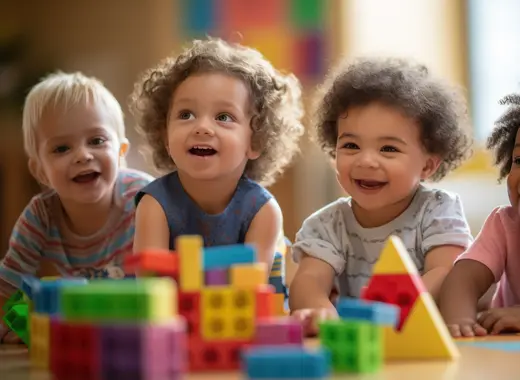 Toddlers laughing around colourful blocks