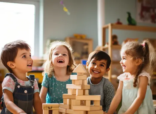 Children laughing around a tower of wooden blocks