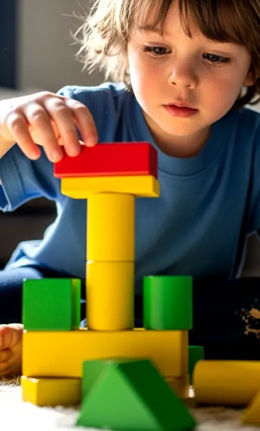 A boy stacking colourful blocks