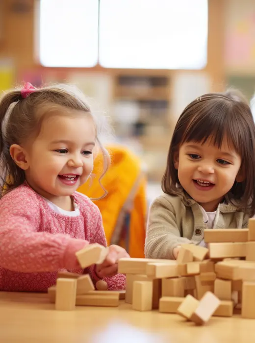 Two girls building with wooden blocks