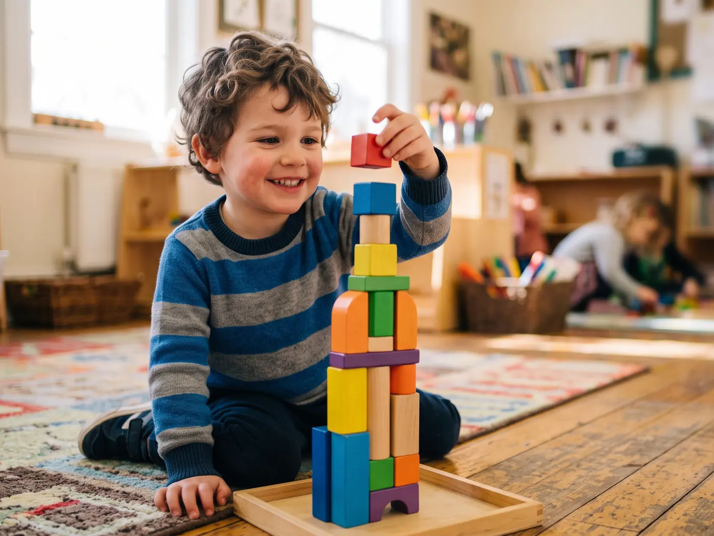 A smiling boy stacking a tower of wooden blocks on a tray