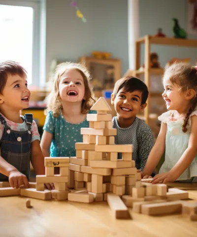 Four children laughing around a tower of wooden blocks