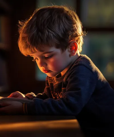 A boy reading a book at a table