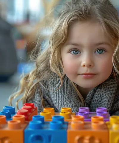 A girl beside rows of colourful blocks