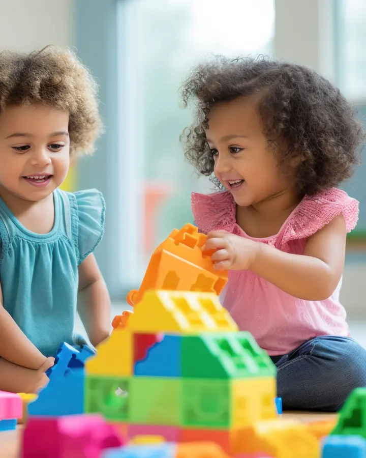 Two girls building with colourful blocks