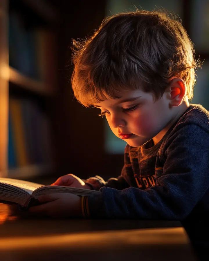 A boy reading a book beside a bookshelf