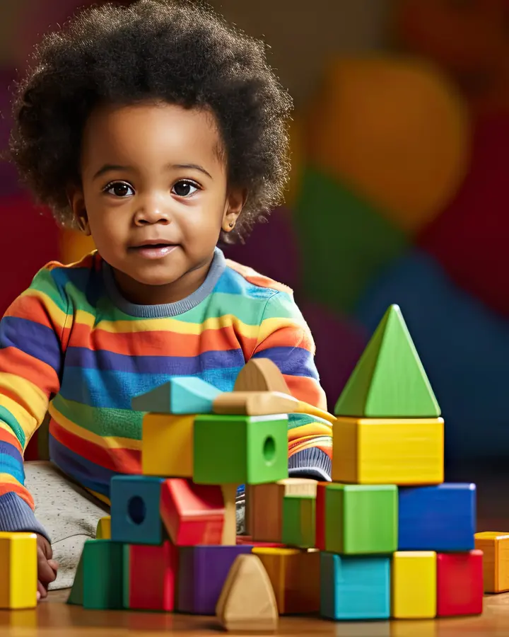 A toddler in a striped sweater building with colourful blocks