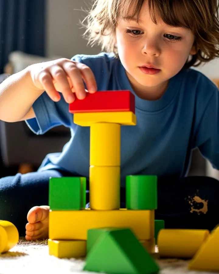 A boy stacking colourful blocks