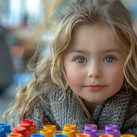 A girl with blue eyes and long curly hair