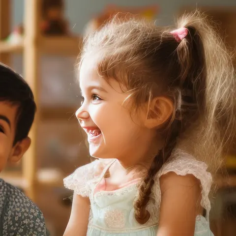 A laughing girl with a braid at a classroom table