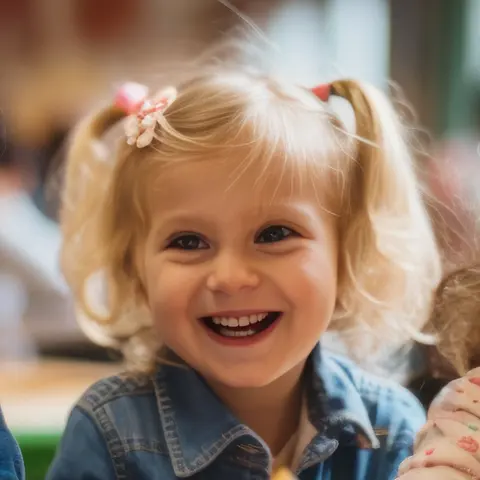 A smiling girl with pigtails