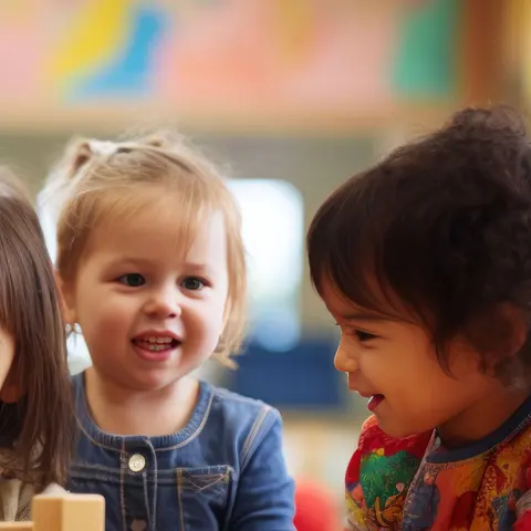Two toddlers smiling in a classroom