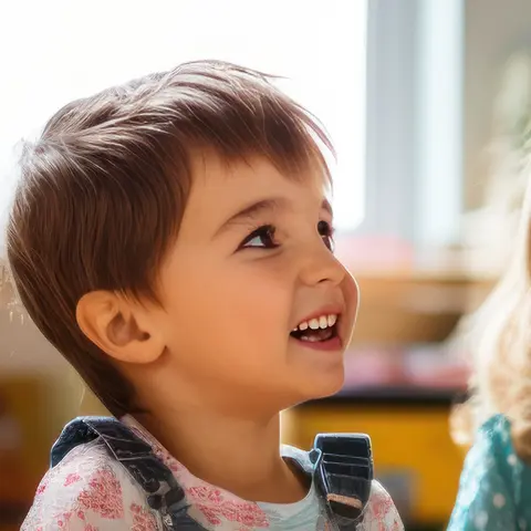 A smiling boy looking up