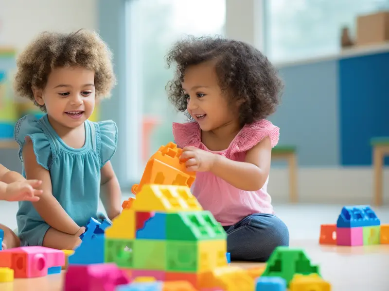 Two girls building with colourful blocks