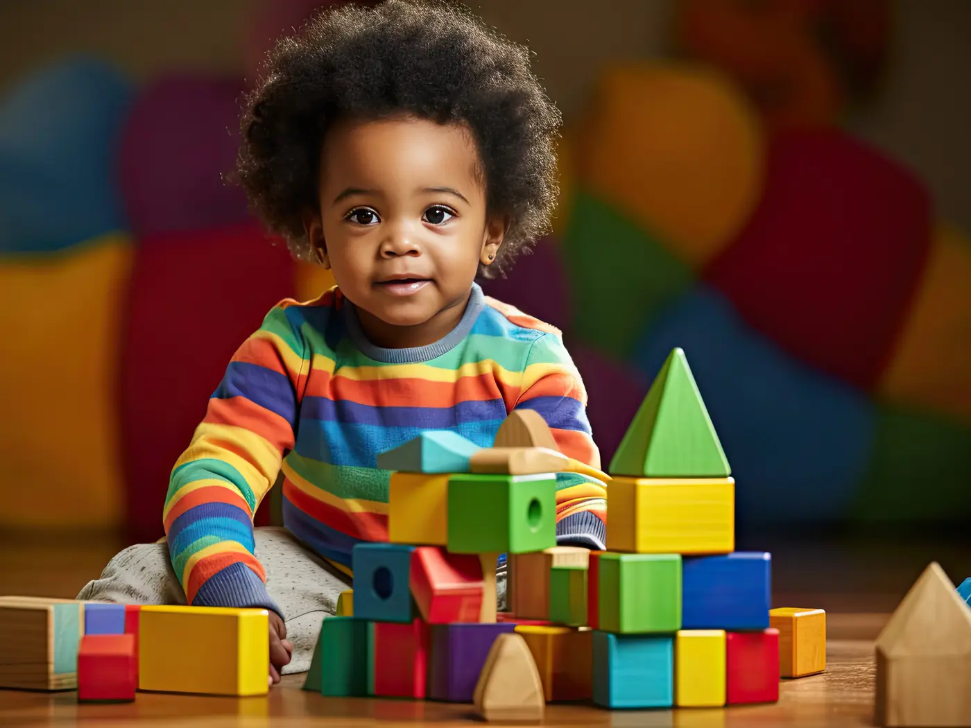 A toddler in a striped sweater building with colourful blocks