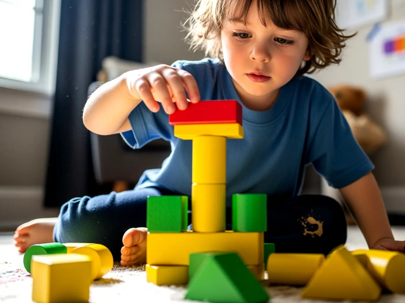 A boy stacking colourful blocks on the floor