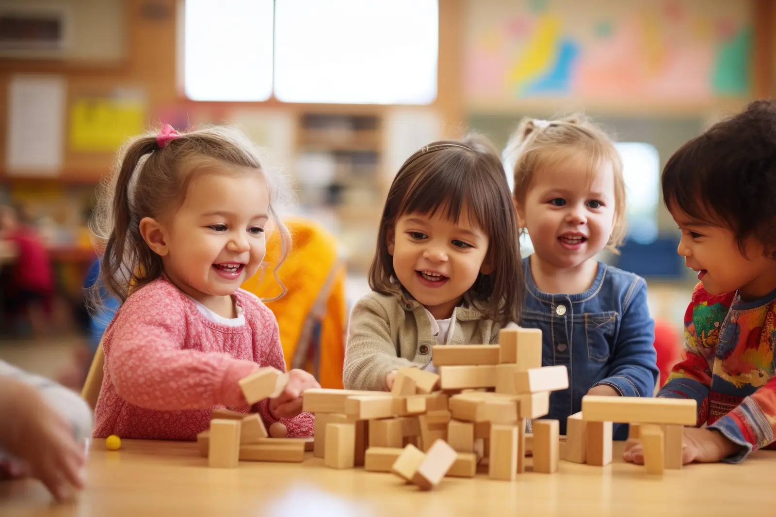Four children smiling as they build with wooden blocks at a table