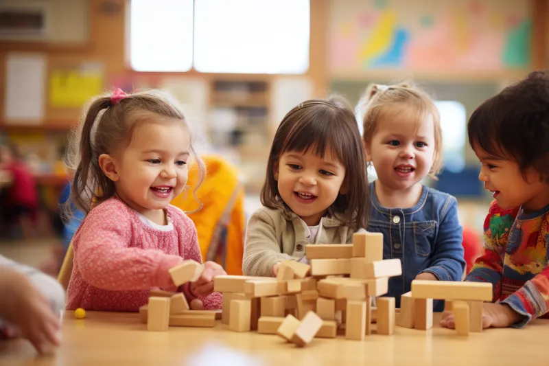 Children building with wooden blocks at a table