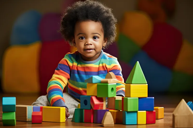 A toddler in a striped sweater building with colourful blocks