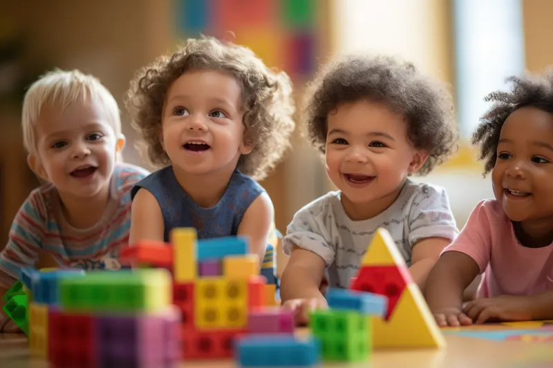 Four young children laughing around a table of blocks
