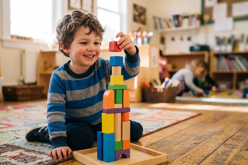 A smiling boy building a tower of blocks on a wooden floor