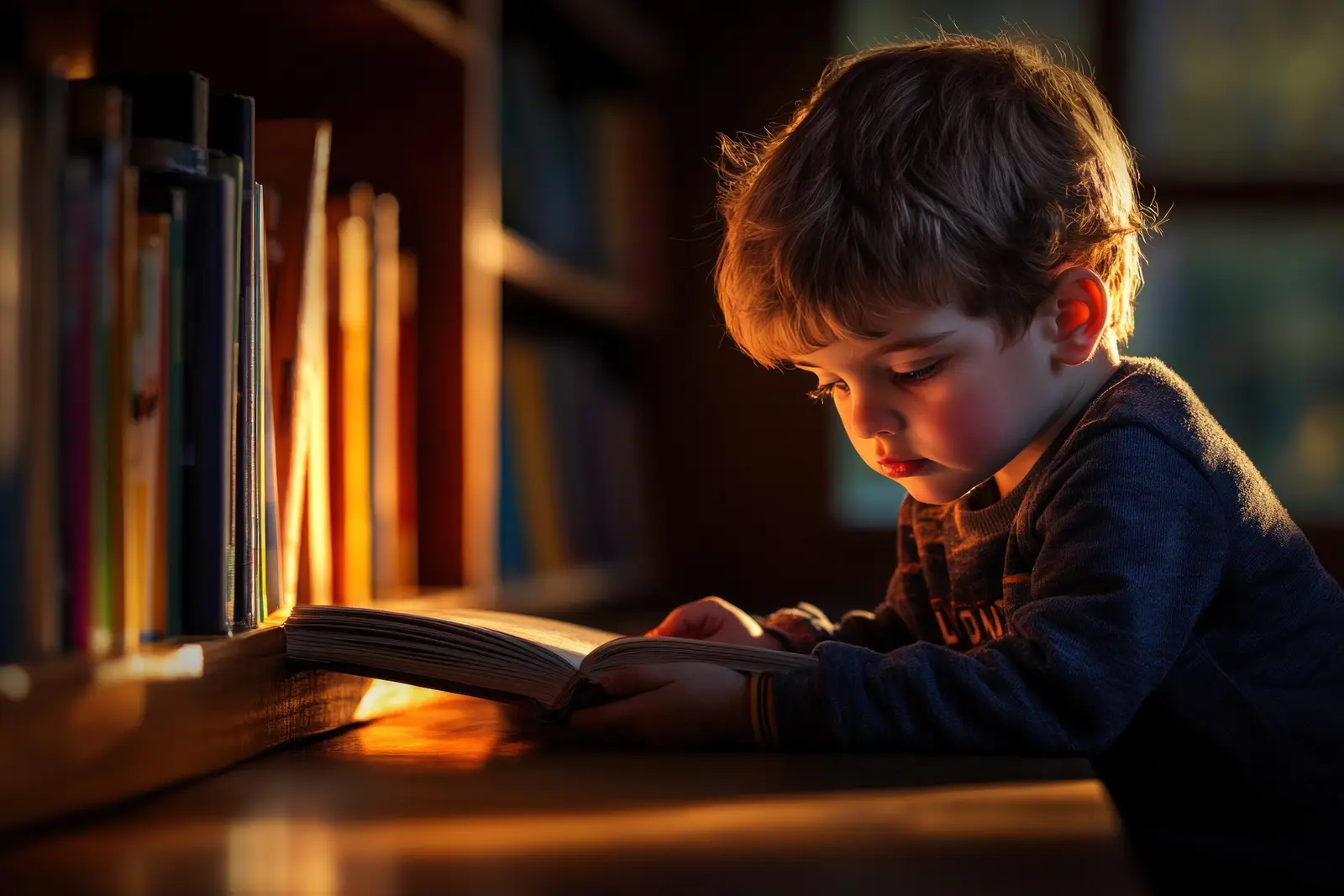 A boy reading a book beside a bookshelf in warm light