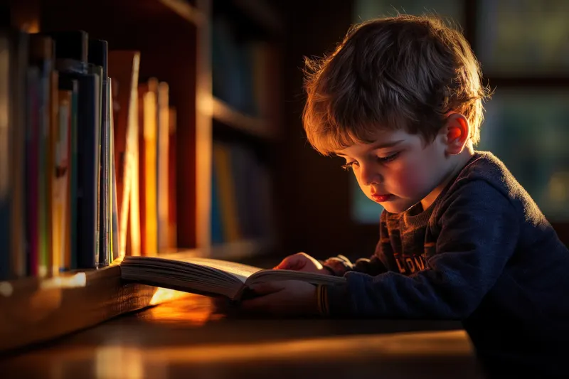 A boy reading a book beside a bookshelf in warm light