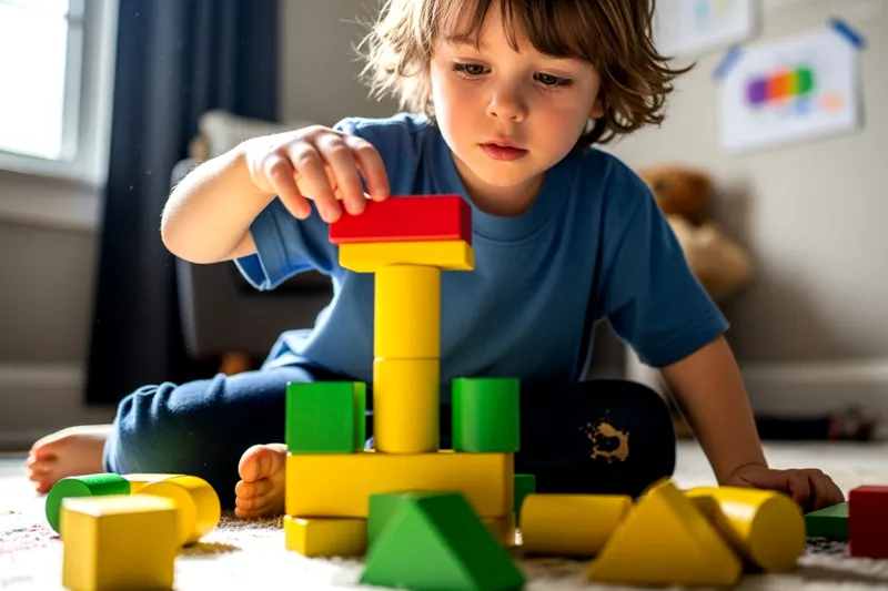 A boy stacking colourful blocks on the floor