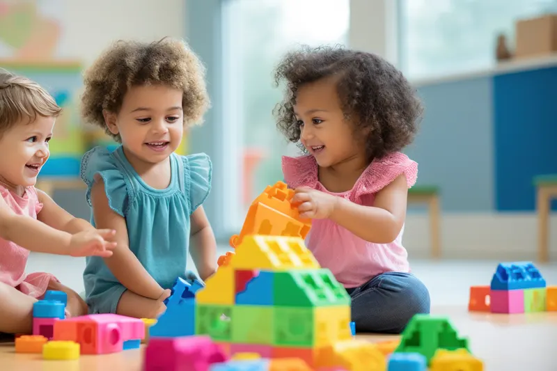 Two girls building a tower of colourful blocks together